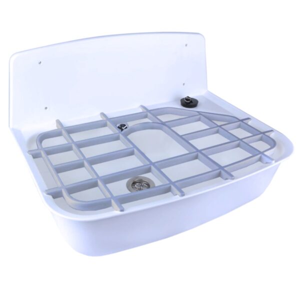 Fregadero de plástico blanco con rejilla y sifón