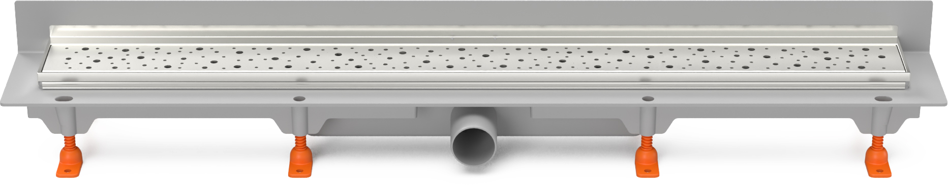 Sumidero lineal de pared con marco de acero inoxidable y desagüe lateral, D40, 750 mm, rejilla Drops brilla