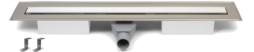 Sumidero lineal de acero inoxidable, 900 mm, sifón lateral giratorio D50, listón de acero inoxidable