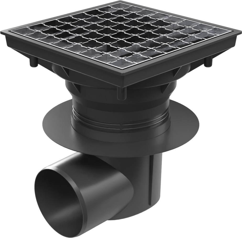 Desagüe con salida horizontal D110-250, válvula seca, brida, rejilla de acero inoxidable
