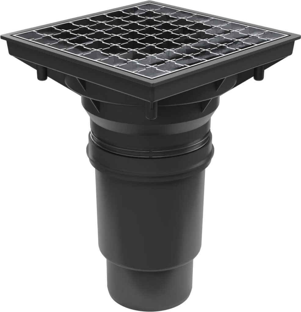 Desagüe con salida vertical D110-250, válvula seca, rejilla de acero inoxidable
