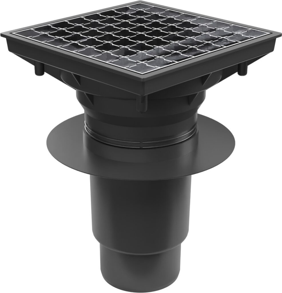 Desagüe con salida vertical D110-250, flotador NEPTUN, brida, rejilla de acero inoxidable