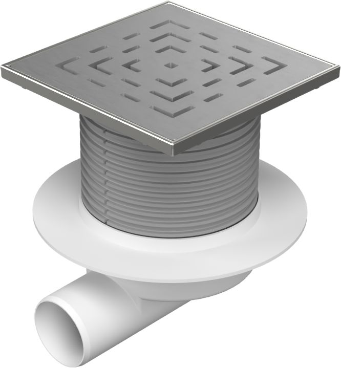Drenaje de suelo, lateral D50, NEPTUN, collar, estructura de acero inoxidable 150 x150, rejilla LABYRINTH 5 mm